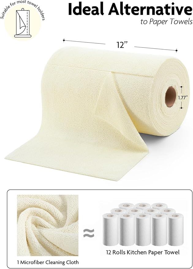 Fantasticlean Microfiber Cleaning Cloth Roll -75 Pack, Tear Away Microfiber Towels, 12" x 12", Reusable, Washable, Scratch Free, Ultra Absorbent Dishcloth for All-Around Cleaning Supplies (Beige)