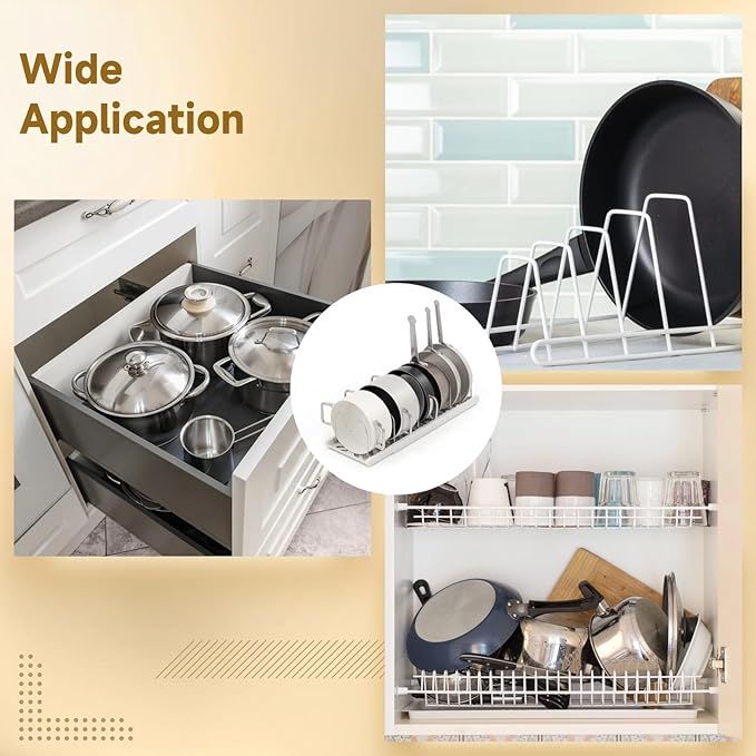 OMISTAR Expandable Pots Pans Organizer Rack, Adjustable Pot Lid Holder with 7 Adjustable Steel Dividers, Cookware Storage Drying Rack for Kitchen Cabinet, Countertop, Baking Pans and Trays