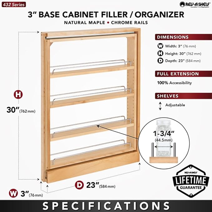 Rev-A-Shelf Pullout Shelf Organizer for Base Kitchen or Bathroom Cabinets, Wood Filler Pantry Storage or Spice Rack, Maple, 3" x 23" x 30", 432-BF-3C