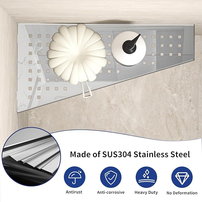 Bernkot Corner Shower Shelf 12" Polished 304 Stainless Steel Recessed Trapezoid Grout in Shelves with Grid Design Bathroom Shelf Racks for Tiled Wall, 2 Pack