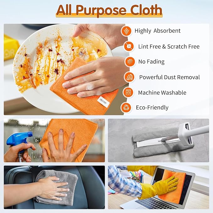 FIXSMITH Microfiber Cleaning Cloth -Pack of 24, Highly Absorbent Cleaning Rags(Grey&Orange), 16"X12" All Purpose Cleaning Towels for Housekeeping, Kitchen, Car, Reusable Microfiber Towels