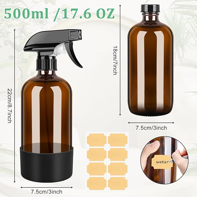 Amber Glass Spray Bottles 3 Pack, 17 oz/500 ml Glass Spray Bottles for Cleaning, Plants, Essential Oils, Hair Care, Refillable Empty Spray Bottle with Adjustable Nozzle for Squirt and Mist