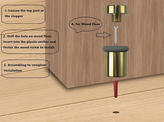 QCAA Cylindrical Floor Mount Door Stop, Height 1-1/2", Solid Brass, Polished Brass Lacquered, Made in Taiwan, 1 Pack