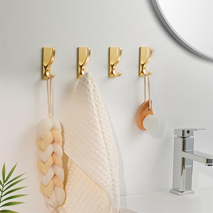 pickpiff Adhesive Wall Hooks for Towels - Sticky Hook Hanging Heavy Duty (13lb), Hanger for Door, Bathroom, Dorm, Closet - for Coats, Purse, Bag, Robe - No Damage to Wall - Gold 10 Pack