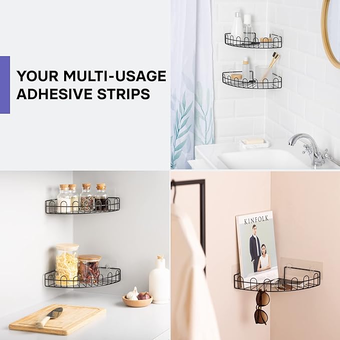 KINCMAX 2 Packs Strong Sticky Waterproof Heavy-duty Wall Adhesives Nail Free Transparent Adhesive Pad No-trace Wall Stick Adhesives Hook Strip for Shower Caddy, Kitchen Racks, Bathroom Storage Shelves
