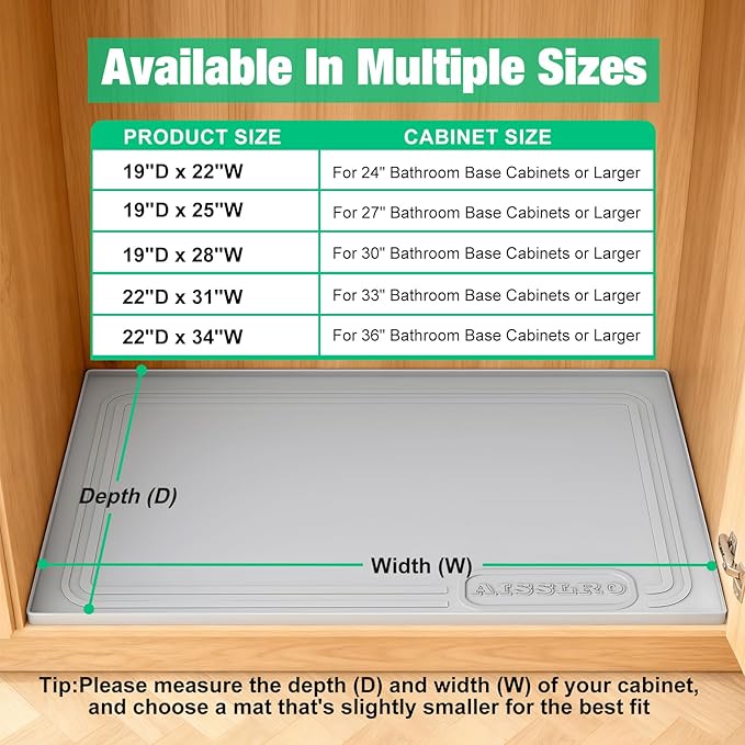 Aisslro Under Sink Mat 22" X 19", Waterproof Silicone Cabinet Organizer Protector with Raised Edge, Kitchen & Bathroom Leak Tray, Shelf Liner & Pet Feeding Mat for Dog Cat Food Mats, Light Gray