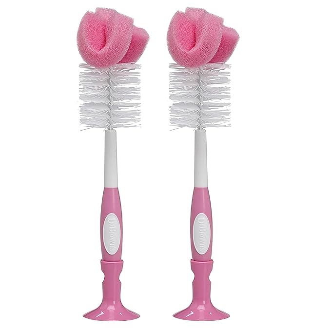 Dr. Brown's Reusable Sponge Baby Bottle Cleaning Brush with Suction Cup Stand, Scrubber and Nipple Cleaner, BPA-Free, Pink, 2-Pack