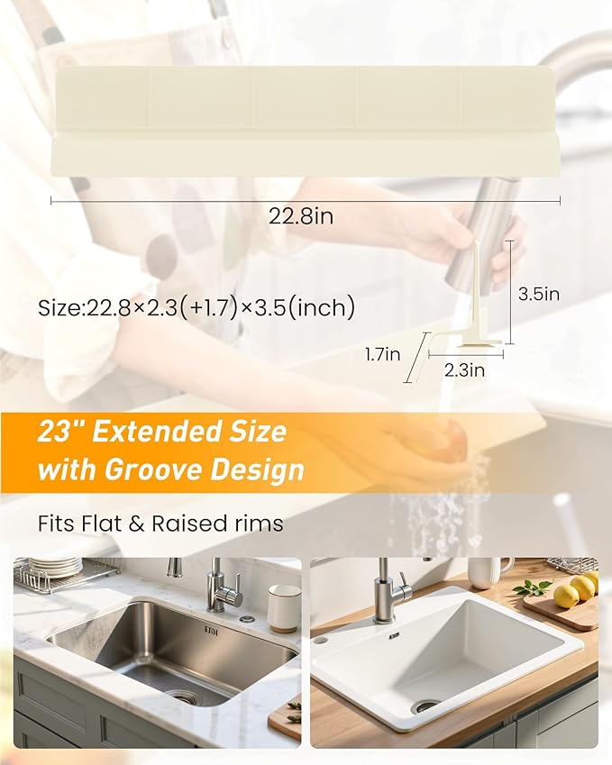 Kitchen Sink Splash Guard 23" Silicone Water Guard with Strong Suction Cups, Faucet & Countertop Protector, Bathroom & Sink Edge Splash Guard Strip, Easy Install, Dishwasher Safe-Cream