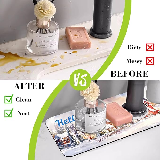 Chrismas Sink Faucet Absorbing Mat Hello Winter Sink Splash Guard Drying Mat for Kitchen Bathroom Faucet Sinkmat 15.5"X5.5"