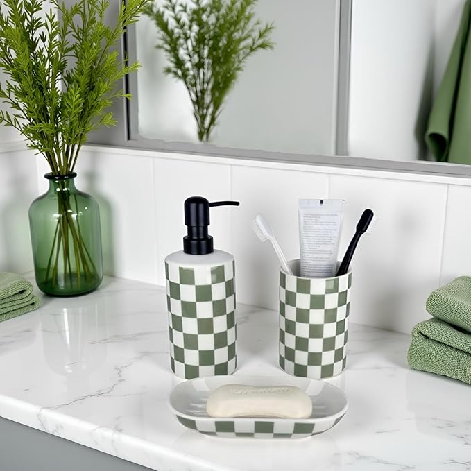 Bathroom Toothbrush Holder Set, Ceramic Soap Dispenser and Tooth Brush Holder and Soap Dish Set, Bathroom Accessories Sets Countertop, Sage Green Checkered Bathroom Decor Set