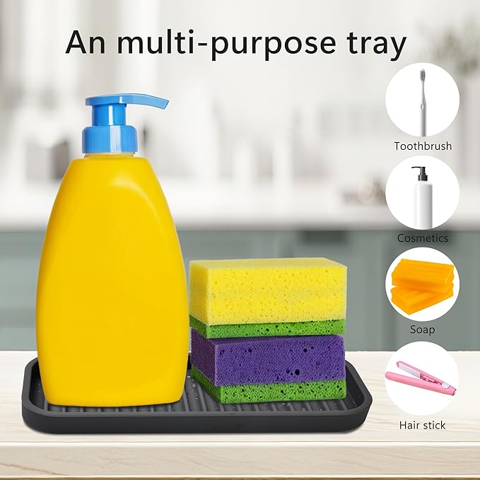 Mofason Silicone Sponge Holder Kitchen Sink Organizer Tray Dish Caddy Soap Dispenser, Scrubber Spoon Holder, Dishwashing Accessories (Black, 2 Pack)