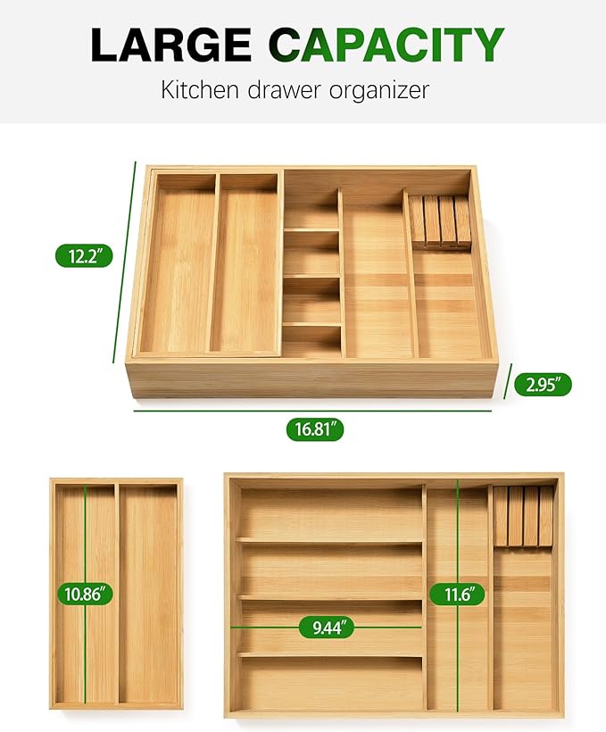 HULISEN Silverware Drawer Organizer with Sliding Top Tray, Double Layer Bamboo Utensil Organizer with Removable Knife Holder, Space-Saving Cutlery Organizer for Kitchen Drawers