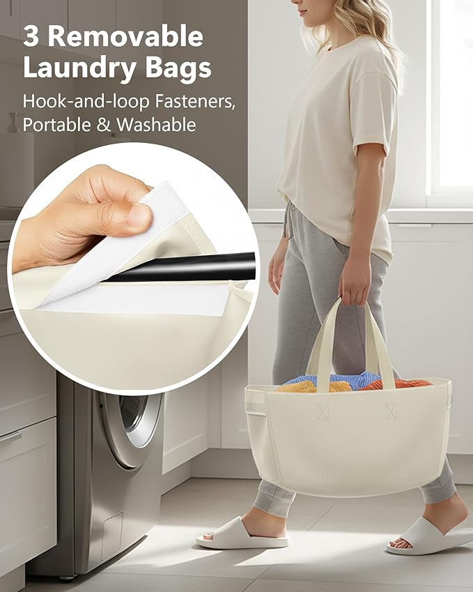 Moforoco Vertical Laundry Sorter 3 Section with Removable Bag, Laundry Hamper with Wheels, 120 L Rolling Laundry Baskets organizer for Bathroom, Apartment, Dorm Room, Beige