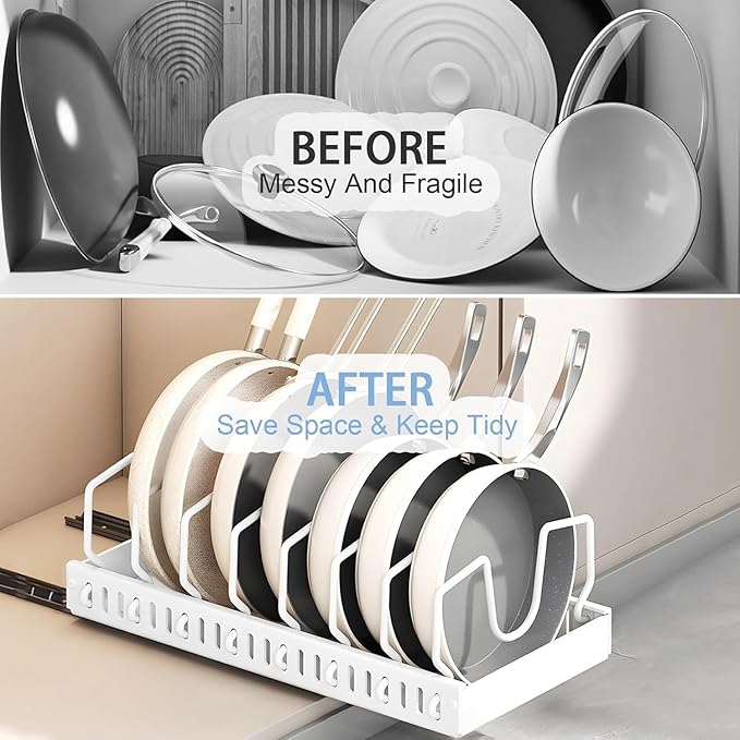 2 Pack Pull Out Pots and Pans Organizer Rack for Cabinet and Countertop, Pull Out Cabinet Organizer with 8 Adjustable Dividers, Kitchen Storage for Pot Lid, Dishes, Bakeware, Pots and Pans, White