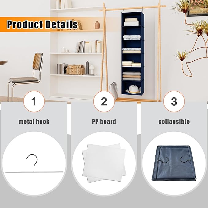 Hanging Closet Organizer and Storage 6-Shelf, Easy Mount Foldable Hanging Closet Wardrobe Shelves, Clothes Handbag Shoes Accessories Storage, Washable Oxford Cloth Fabric, Navy Blue
