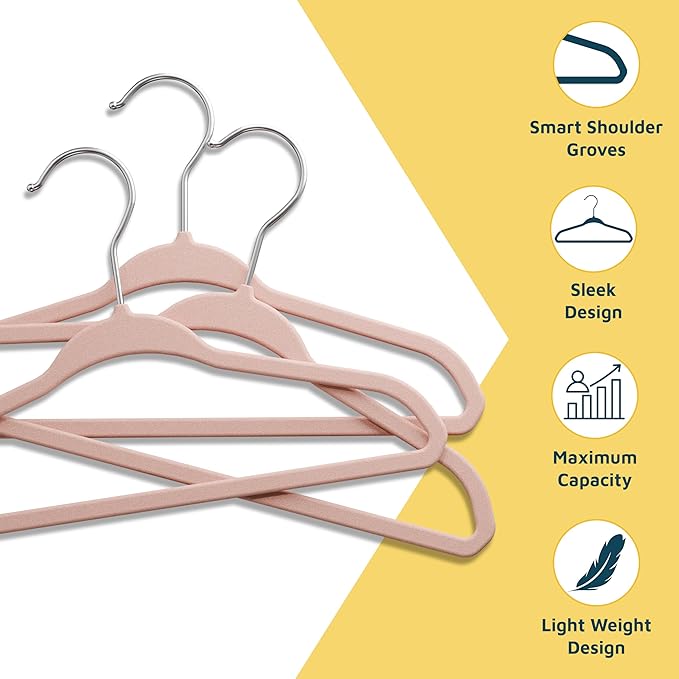 Pink Velvet Kids Hangers 100 Pack, 10.83" Non-Slip Baby & Toddler Hangers for Clothes, Space-Saving Slim ABS Plastic with 360° Swivel Hook & Notched Shoulders, Up to 10 lb Capacity