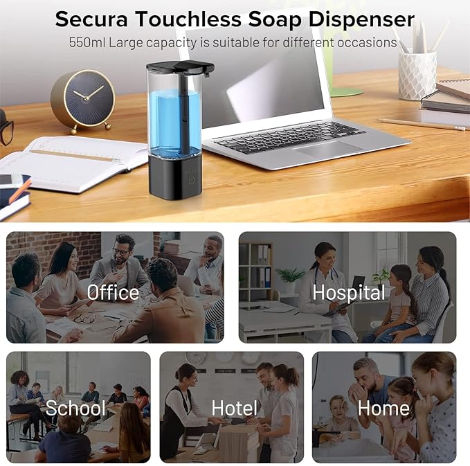 Secura 18.6 oz. Automatic Soap Dispenser, Touchless Liquid Soap Dispenser with SoapGlow Timer, 3 Gear Infrared Distance Sensing Volume Setting Perfect for Kitchen or Bathroom