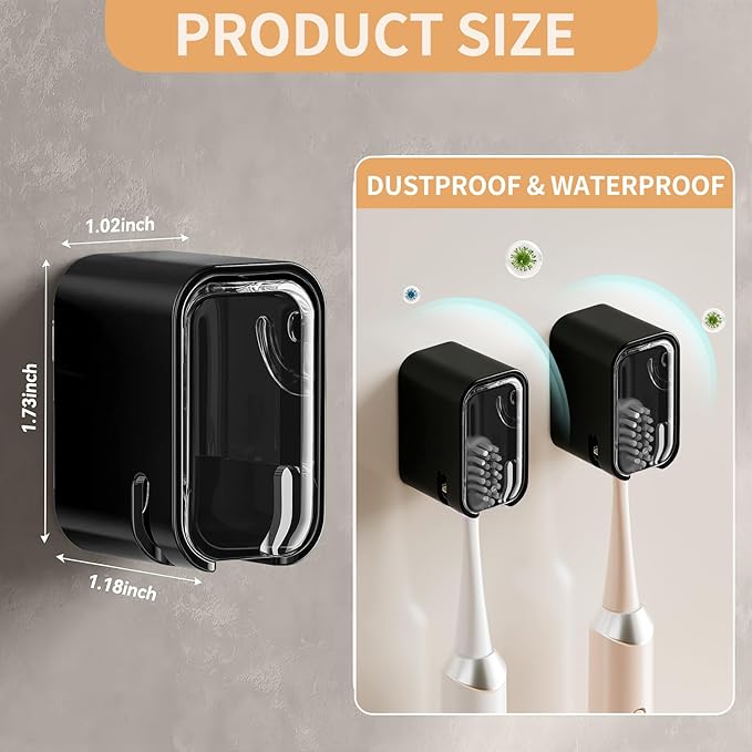Wall Mounted Toothbrush Holders for Bathroom,Strong Self Adhesive Tooth Brush Holder with Cover, Toothbrush Heads Organizer for Family, 2 Pcs