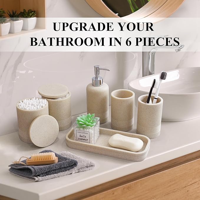 6-Piece Bathroom Accessories Set, Bathroom Accessory Set with Soap Dispenser, Toothbrush Holder Set, Vanity Tray, Tumbler & 2 Cotton Swab Jars, Modern Stylish Bathroom Organizer(Beige)