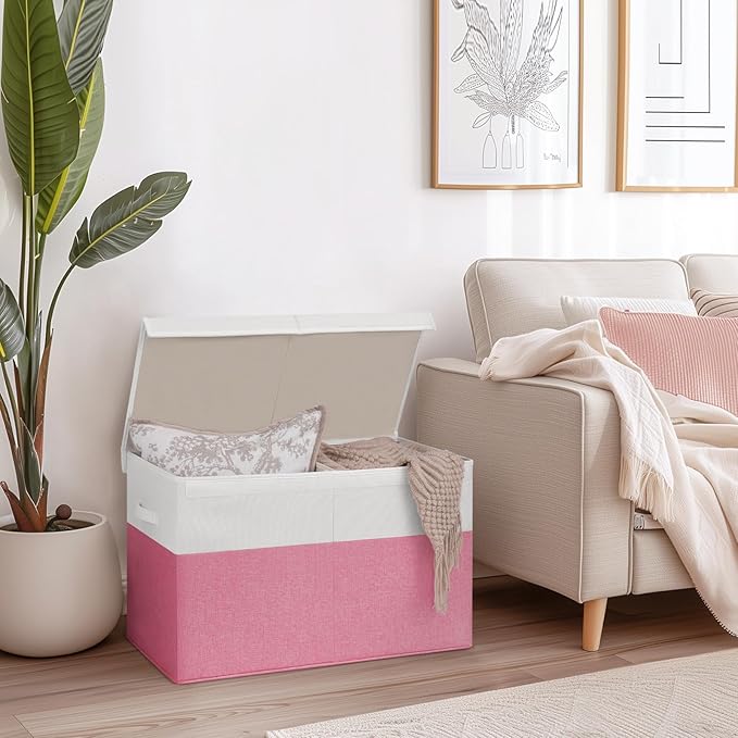 INDRESSME 25"x13"x16" Large Toy Storage Box with Lid, Collapsible Storage Organizer Baby Toy Storage for Kids Boys Girls, Toy Bin Organizer for Nursery, Bedroom, Living Room (Pink & White)