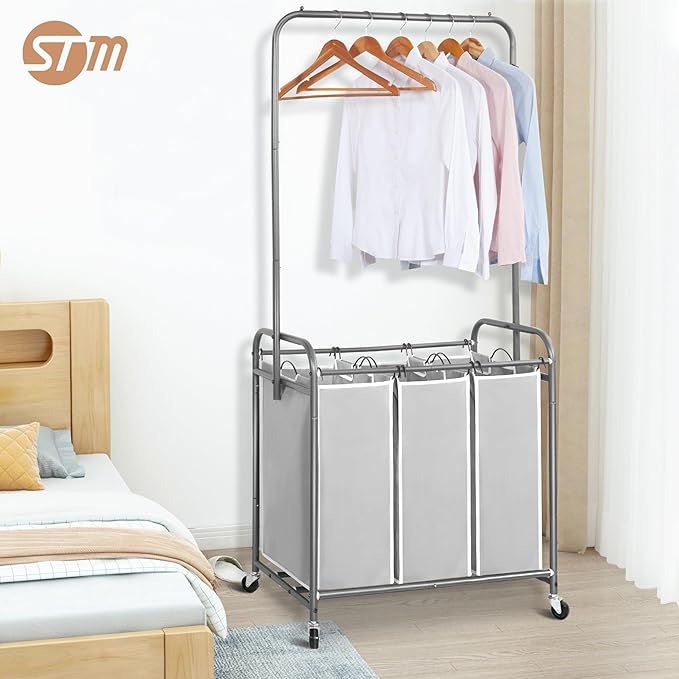STORAGE MANIAC 136L Laundry Sorter with Hanging Bar, Portable, Removable Laundry Hamper Cart with Heavy Duty Rolling Lockable Wheels and Removable Bags, Rolling Laundry Basket Organizer, 3 Section