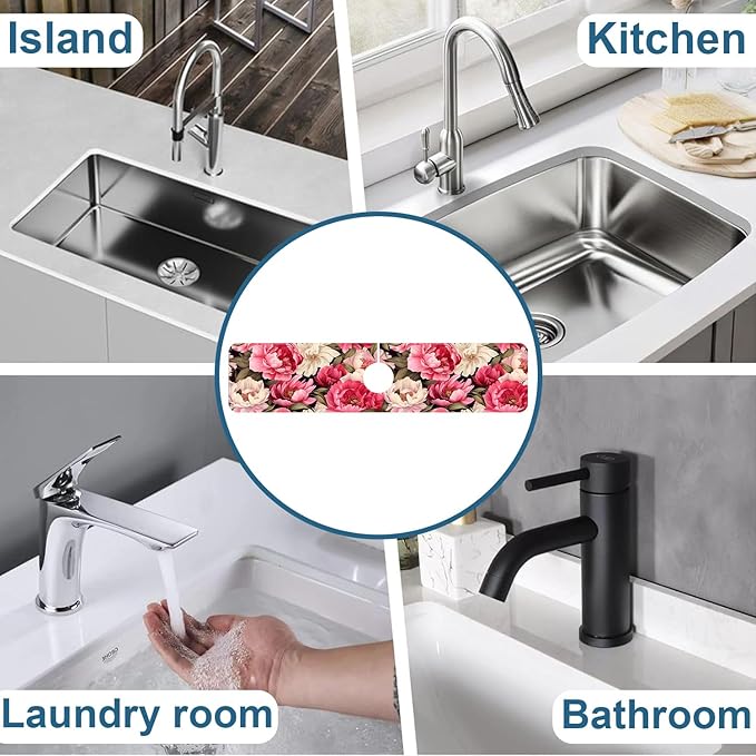Garden Flowers Kitchen Sink Splash Guard Faucet Mat Watercolor Peonies Super Absorbent Fast Drying Mat Sink Splash Guard Behind Faucet for Kitchen Bathroom, 23.5"x5.5"