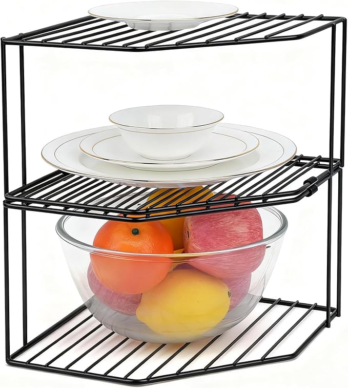 2Pcs 2-Tier Corner Stackable Organizer Shelf - Cabinet Storage Shelf Rack, Shelves，Kitchen Counter and Cabinet Shelf, Storage Rack Organizer for Kitchen (Black)