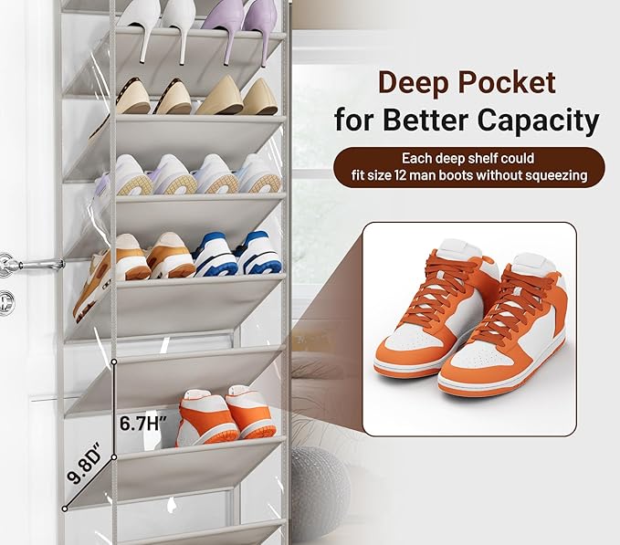 SLEEPING LAMB 10 Tiers Over The Door Shoe Organizer with Clear Deep Pockets, Hanging Shoe Rack for Door Storage 20 Pairs Sneakers Holder for Closet Hanger Boots, Grey