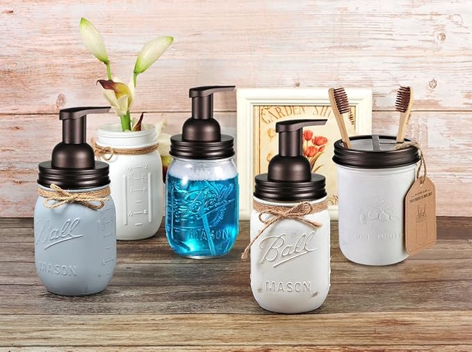 Mason Jar Bathroom Accessories Set(4pcs)-Jars Not Included - Foaming Soap Dispenser and Apothecary Jars Lids for Regular Mouth jar, Wide Mouth Toothbrush Holder lid, Farmhouse Decor-Bronze