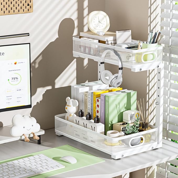 Under Sink Organizer, High Adjustable 2 Tier Under Sink Organizers and Storage, Slide Out Metal Cabinet Organizers, Pull Out Sink Storage Drawer Shelf for Kitchen Bathroom Cabinet, White, 2 Pack