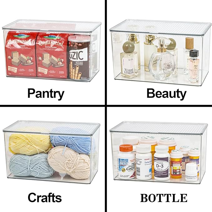 Clear Plastic Storage Bin with Lid, Organizer for Pantry, Office, Bathroom, Kitchen, Snack, Tea Bag, Coffee Container (Large)