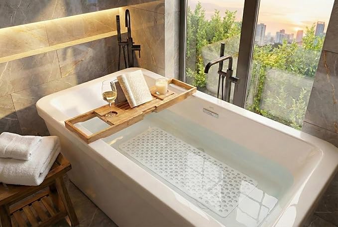 Mantto Nonslip Bath Tub Shower Mat with Suction Cups, Extra Soft TPE Bath Mat for Kids, Bathtub Bathroom Mats, Machine Washable, Smooth/Non-Textured Tubs Only, 35L x 16W Inch(White)