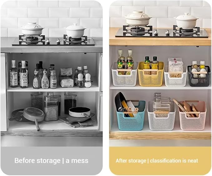 Metal Mesh Steel Basket, Medium Wire Storage Organizer Basket Multi-function Hanging Kitchen Basket with Wood Handle for Kitchen Bathroom Picnic Home, Rectangle-Pink