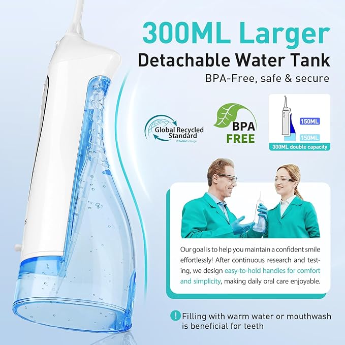 COSLUS Water Dental Flosser Teeth Pick C20(F5020E): Portable Cordless Oral Irrigator 300ML Rechargeable Travel Irrigation Cleaner IPX7 Waterproof Electric Flossing Machine for Teeth Cleaning, White