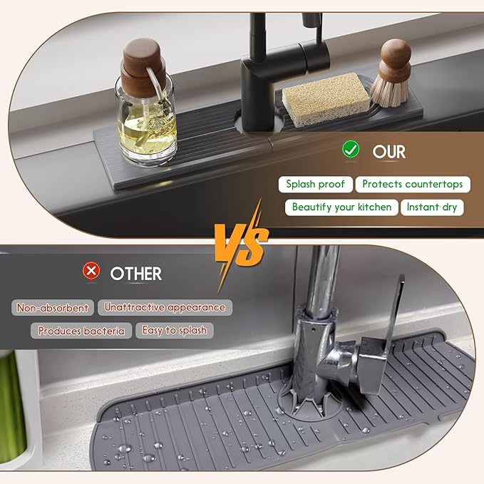 Faucet Mat for Kitchen Sink, Diatomite Quick Drying Tray , 15.8 Inch Kitchen Sink Splash Guard and Bathroom Stone Tray for Counter. Super Absorben.Deep Grey.