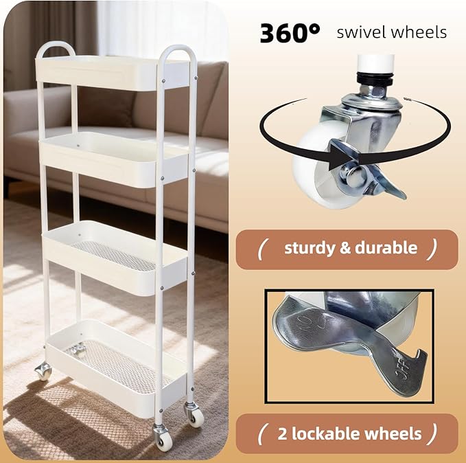 4 Tier Slim Kitchen Storage Cart for Narrow Space, 7.1'' Wide Metal Rolling cart with Wheels and Lockable Casters, Sturdy Mobile Thin Shelf for Laundry Room Between Washer and Dryer, White