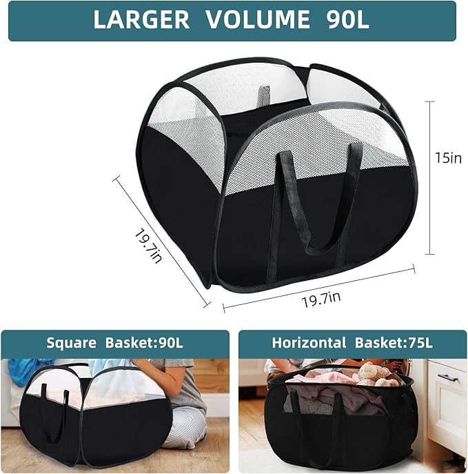 Laundry Basket with Handles 90L, Collapsible Laundry Baskets, Foldable Laundry Basket, Tear-proof Dirty Clothes Pop Up Hampers for Laundry, Bedroom, Bathroom, Dorm, Kids Room, Travel or Campout Black