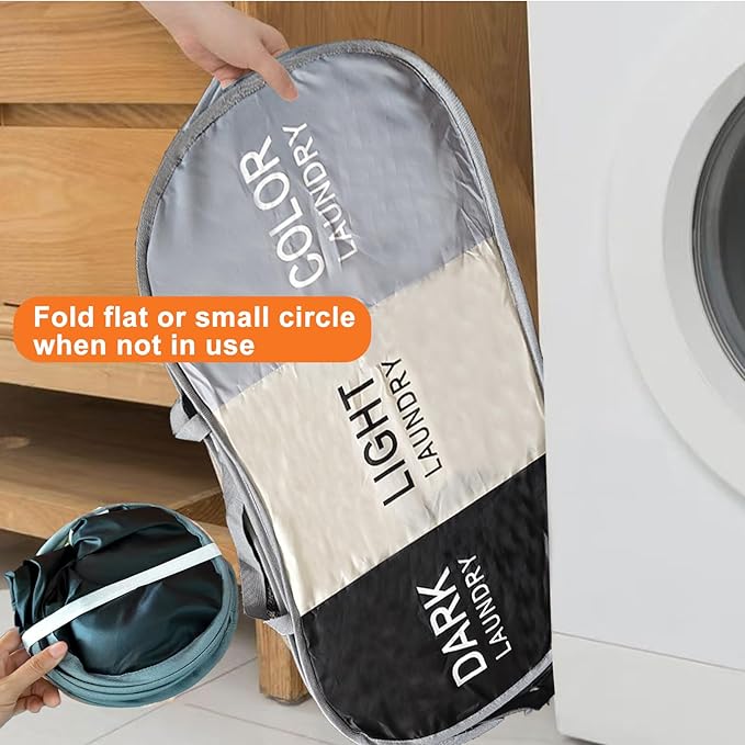 Foldable Pop Up Laundry Hamper, 3 Compartment Laundry Basket Collapsible, Easy to Sort Clothes Hampers for Laundry Room, Dorm Room Essential