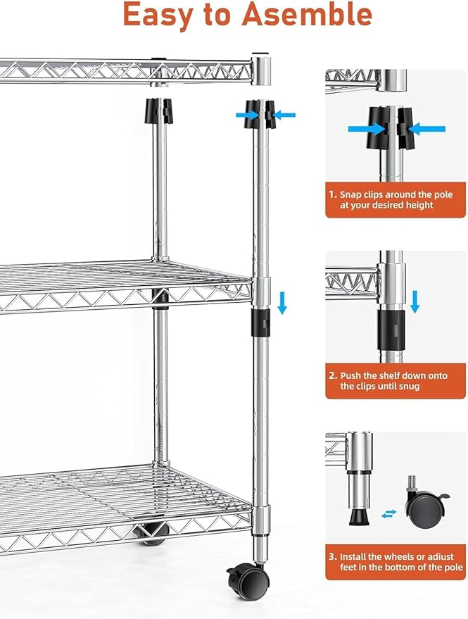 Simple Deluxe 3-Tier Storage Shelves, 750 Lbs Loading Capacity, 24.02" W x 13.78" D x 21.97" H Shelving Unit for Garage, Pantry and Kitchen, Chrome