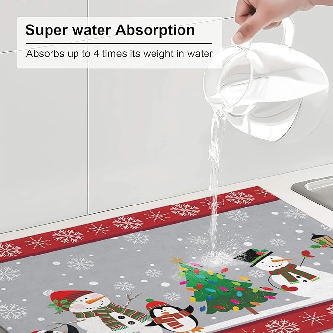 3Pcs Christmas Snowman Dish Drying Mat & Kitchen Sink Splash Guard Faucet Mat For Kitchen Counter Absorbent Microfiber Dishes Pad Dish Drainer Rack Mats Fast Dry Kitchen Accessories