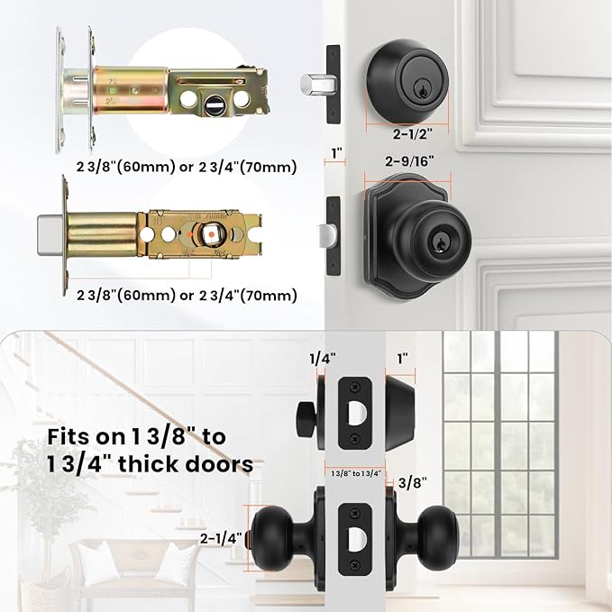 Haidms Black Exterior Deadbolt and Keyed Entry Door Knob Set, 2 Pack with Lock and Key