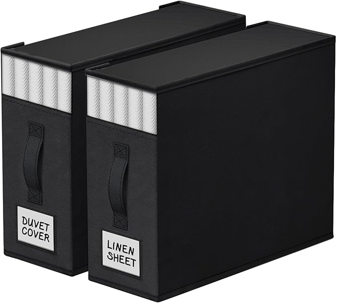 2 Pack Bed Sheet Closet Organizers and Storage,Sturdy Foldable Storage Containers with Window and Label,Storage and Organization for Bedding Sheets,Duvet Covers,Blankets (Black)