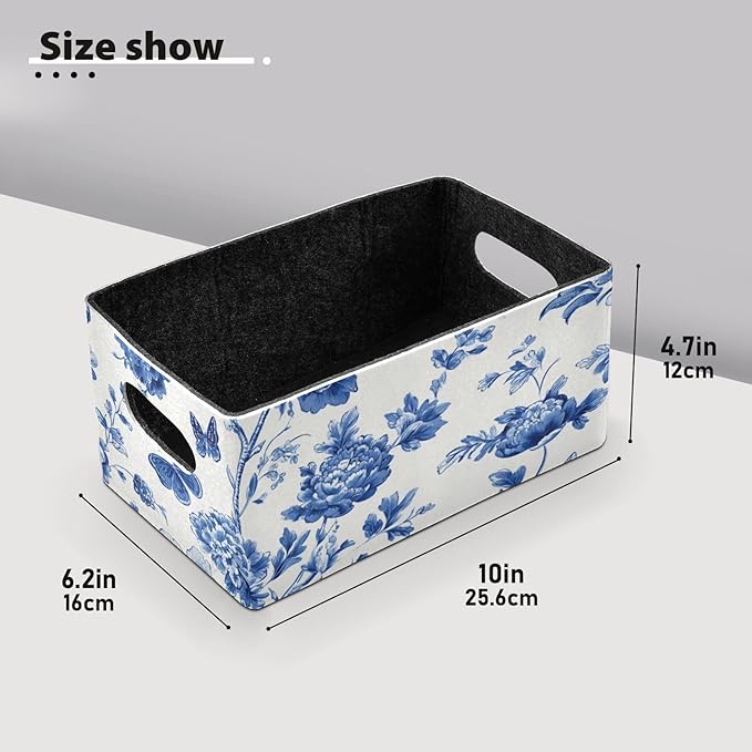 Blue and White Peony Flowers Butterfly Closet Storage Bins 2 Pcs Felt Open Home Storage Containers Organizer with Handles Collapsible Shelf Basket for Home Office Craft Room Classroom Fabric