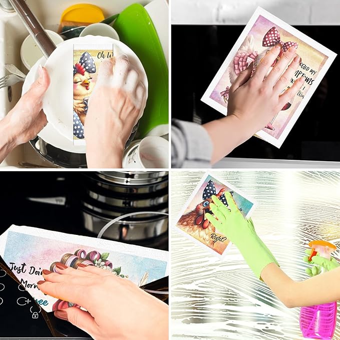 Funny Chicken Swedish Dishcloths for Kitchen, 6PCS Cellulose Sponge Reusable Paper Towels Washable, Cute Absorbent Fast Drying Swedish Dish Cloth for Home Cleaning