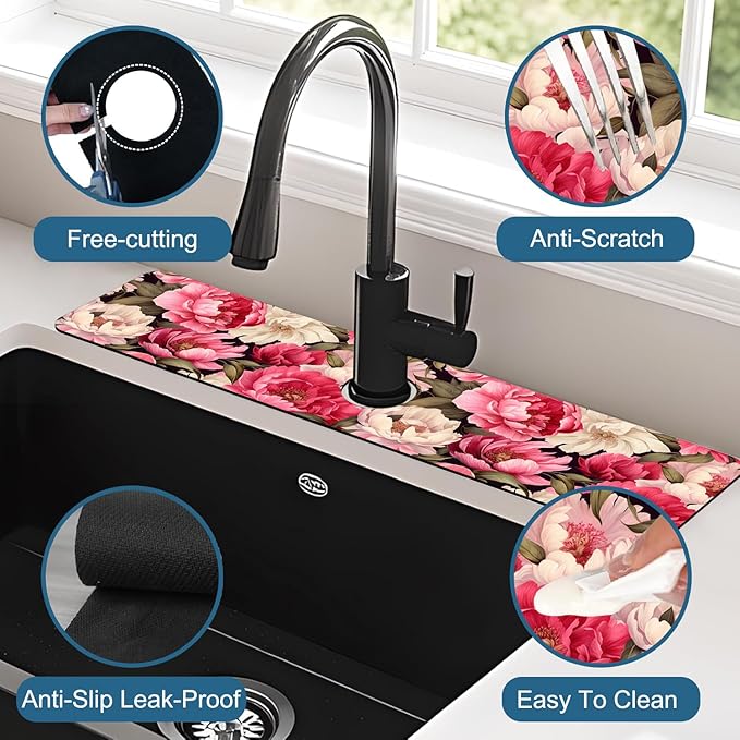 Garden Flowers Kitchen Sink Splash Guard Faucet Mat Watercolor Peonies Super Absorbent Fast Drying Mat Sink Splash Guard Behind Faucet for Kitchen Bathroom, 23.5"x5.5"