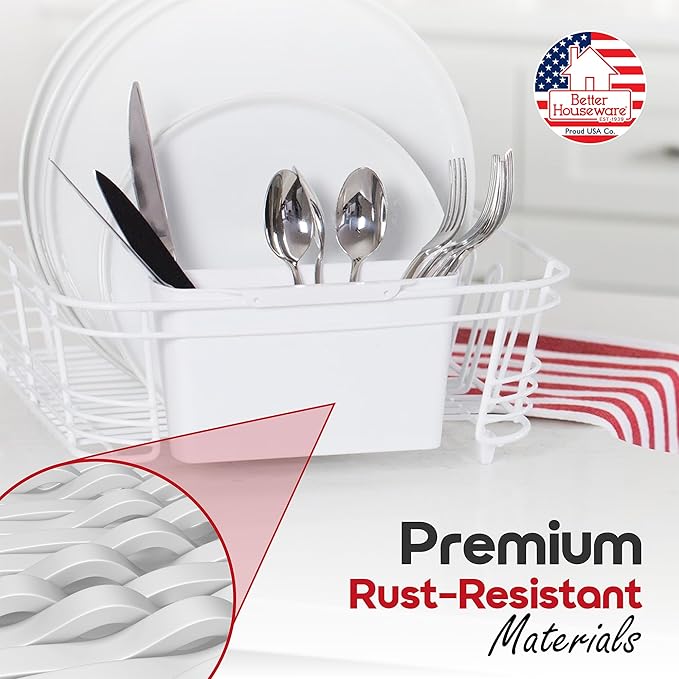 Better Houseware Dish Drying Rack, Space-Saving Dish Drainer Rack for Kitchen Counter, Coated Steel Kitchen Dish Strainer 2-Piece Set with Utensil Holder, White