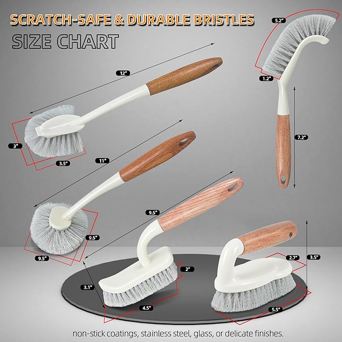 5-Pack Heavy Duty Scrub Brushes Set with Wooden Handles, Multi-Surface Scrubber for Kitchen, Bathroom, Tile & Grout, Includes Spherical, Triangle, Square & Dish Brush for Stubborn Stains