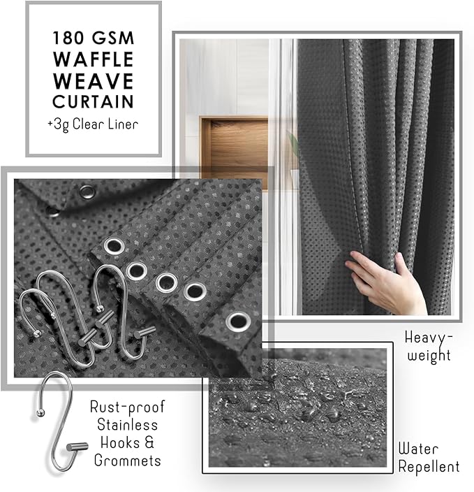 Clara Clark Bathroom Accessories Set - Bathroom Set with Adhesive Corner Shower Caddy Hanging, 25PC Bathroom Accessory Set, Grey Shower Curtain Set, Toilet Brush, Trash Can & Soap Dispenser
