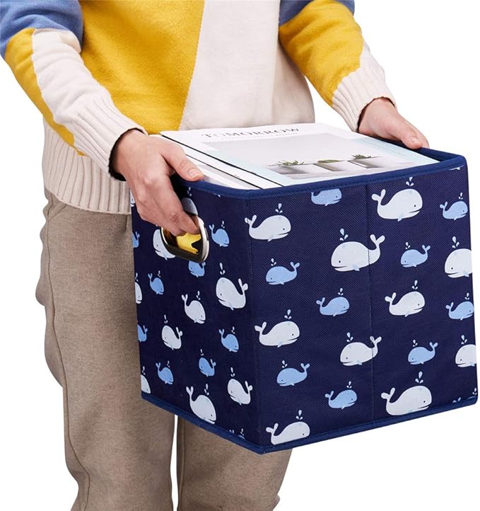 Whale Collapsible Cloth Storage Cube Baskets Blue Fabic Cube Bins 10.5x 10.5 x11 in Foldable Storage Cube Boxes Folding Storage Inserts Drawer for Cube Organizer Storage ,QY-SC11-3