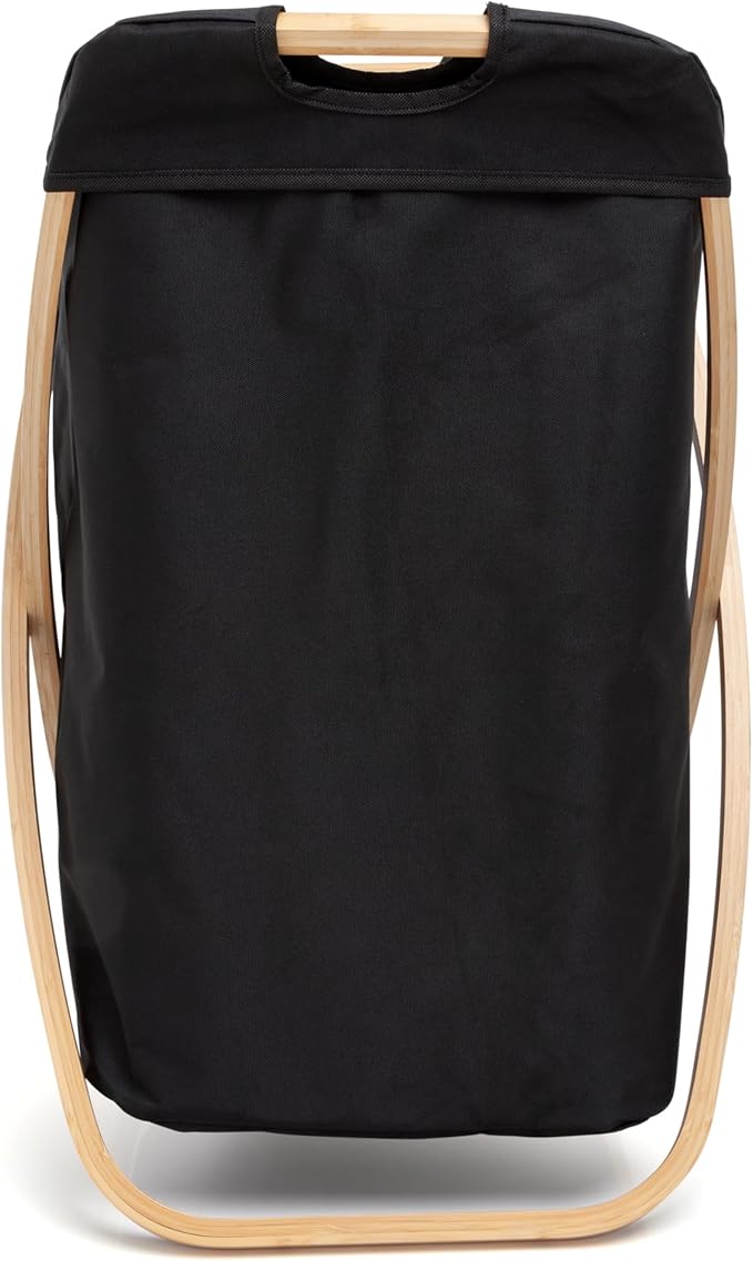 QUALIAZERO 72L Bamboo X-Frame Laundry Hamper – Foldable Single Section Clothes Basket with Removable Bag & Bottom Handle, Ideal for Bathroom, Bedroom, or Dorm (ONYX BLACK, X-FRAME)